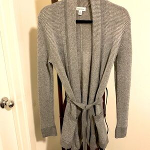 Calvin Klein lurex cotton blend cardigan with pockets and belt in sparkling grey